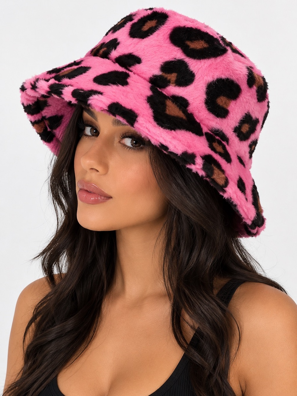 Pink Leopard Print Faux Fur Fluffy Plush Festival Statement Winter Bucket Hat